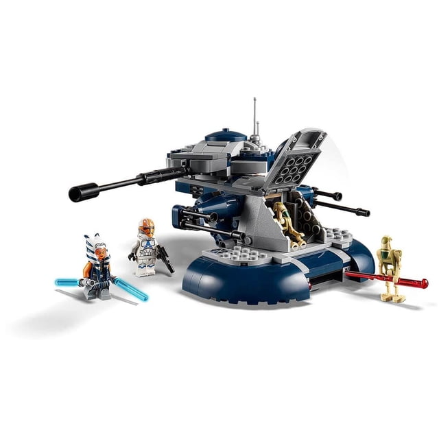 LEGO Star Wars Armored Assault Tank AAT LSW75283 building set featuring a multicolour tank with rotating turret, spring-loaded shooters, and opening hatches. Includes minifigures of Ahsoka Tano, Ahsoka's Clone Trooper, and two Battle Droids with weapons such as lightsabers. Ideal for recreating Star Wars: The Clone Wars battles and a great addition to any LEGO Star Wars collection.