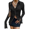 thumbnail image 1 of Kmbangi Chemise Froncée pour Femmes Manches Longues Évasées Col à Revers Simple Boutonnage Tops Ajustés, 1 of 3