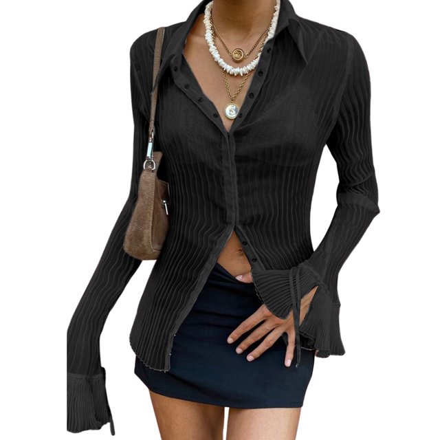 Kmbangi Chemise Froncée pour Femmes Manches Longues Évasées Col à Revers Simple Boutonnage Tops Ajustés