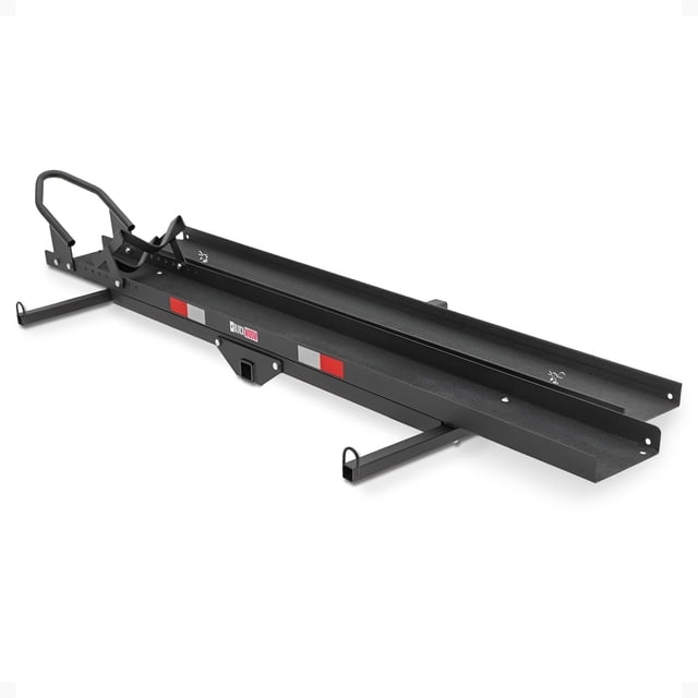 Black Widow Motorcycle Bike Carrier with Ramp for 2-inch hitch, supporting up to 400 pounds. Made from durable powder-coated 14-gauge steel, it features a grit-coated ramp and track for traction. Designed for Class III or IV hitch receivers, it includes a roll-on, roll-off ramp that attaches to the right side for safe loading. The ramp can be stored on the carrier when not in use. Accommodates wheels up to 7.25 inches wide and includes a 5/8-inch hitch pin, anti-rattle device, and adjustable wheel chock for stability during transport. Ideal for motorcycles, dirt bikes, and scooters.