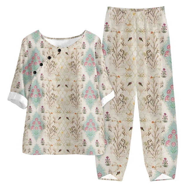 Birdeem Ensemble Deux Pièces pour Femmes d'Été Imprimé, Haut Court à Manches Mi-Longues à Col Rond + Pantalon Décontracté, Ensemble de Détente