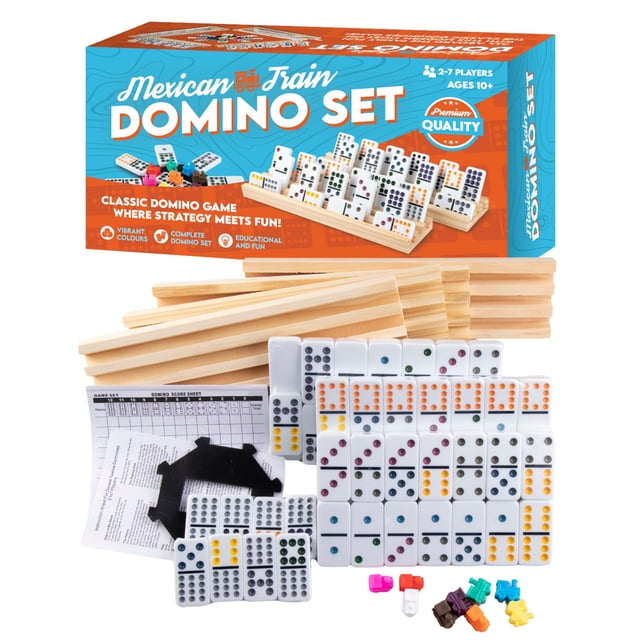 Tradeopia Mexican Train Dominoes Set Double 12 with 91 tiles featuring four wooden racks, nine colorful train markers, an octagonal hub, and score sheets, designed for 2-7 players ages 10 and up for strategic and social tile gameplay.