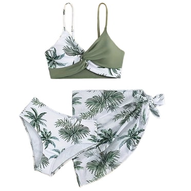 PMVFHDE Swim Suit for Girl Girls Swimsuit Bathing Suits 3 Piece Tropical Floral Bikini Sets Girls' Swimwear With Cover Up Skirt,Army Green,9-10 Years