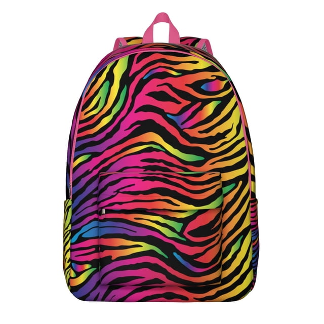 Rainbow Zebra Pattern Travel Backpack, Colorful Multicolor Zebra Print Daypack with Gradient Cartoon Design for Fashion Lovers