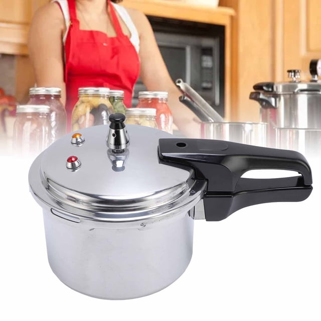 Large capacity aluminum alloy pressure cooker with a polished silver finish, designed for fast cooking on gas stoves and electric induction cookers. Features a black ergonomic handle, an easy-to-use locking mechanism, and safety indicators on the lid. The compound bottom ensures compatibility with all stove types. Includes a pot, lid, and three accessories, weighing approximately 2430g.