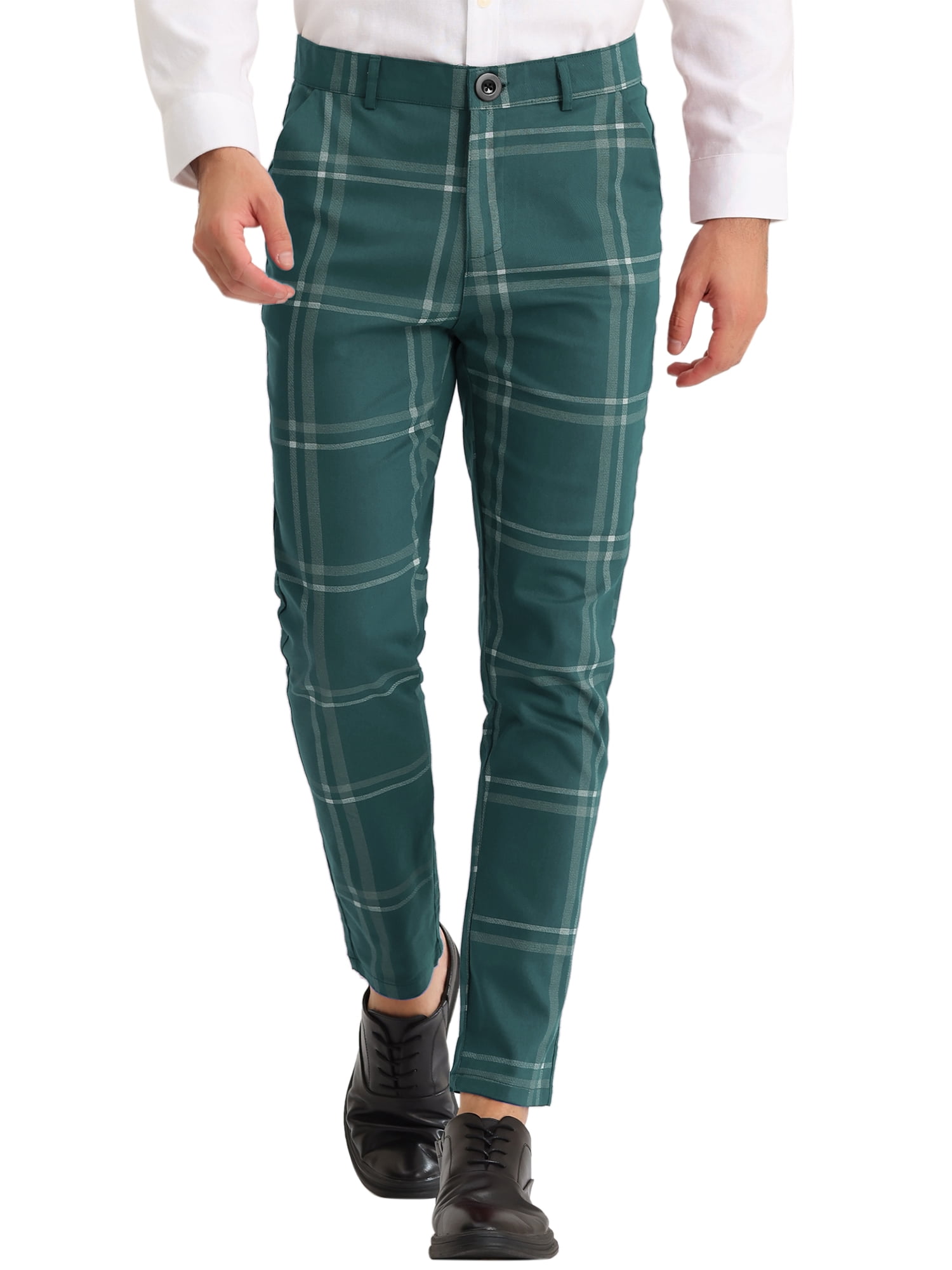 INSPIRE CHIC Men's Dress Plaid Slim Fit Flat Front Prom Checked Trousers 30 Green