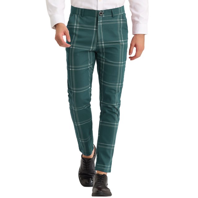 INSPIRE CHIC Men's Dress Plaid Slim Fit Flat Front Prom Checked Trousers 36 Green