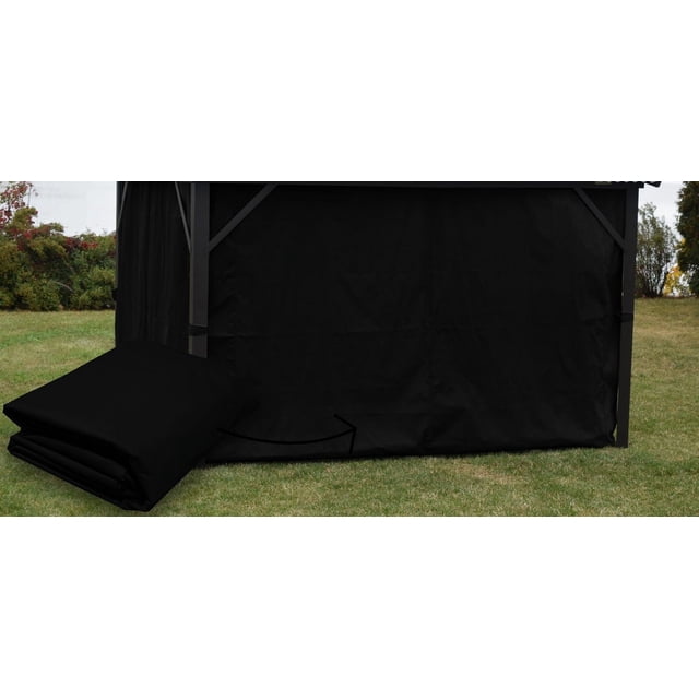 Rideaux Latéraux Noirs pour Gazebo 10 x 14 Exposés à l'Extérieur sur l'Herbe avec un Rideau Plié et Appuyé contre le Cadre de Gazebo et un Autre Entièrement Allongé, Faits de Tissu polyester durable et Résistant à l'Eau Qui Protège contre les Rayons UV, le Vent et la Pluie, Idéal pour l'Ombre Extérieure Saisonnière du Printemps à l'Automne.