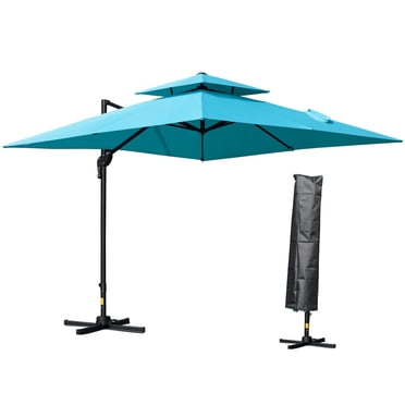 Outsunny Parasol Déporté de Patio 10 Pieds x 10 Pieds, Parasol Carré à Double Toit avec Rotation à 360°, 5 Angles d'Inclinaison Réglables, Housse de Parasol, Mât et Baleines en Aluminium, Bleu Pâle