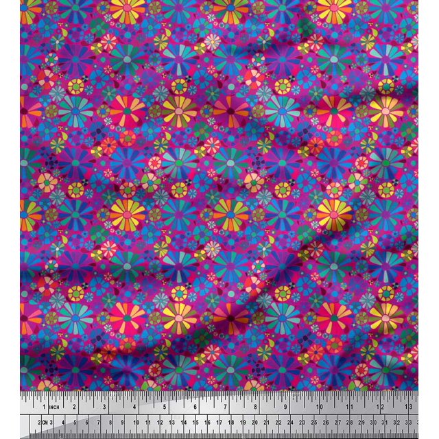 Soimoi Japan Crepe Satin Fabric Aster Flower Print Fabric by Yard 42 Inch Wide