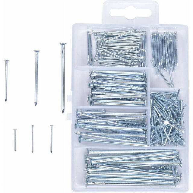 nipocaio 280 Pieces Nail Assortment Flat Head Galvanized Nails, featuring a variety of sizes including 16x1.3mm, 20x1.4mm, 25x1.4mm, 30x1.6mm, and 50x2.5mm. Includes brad nails (20x1.4mm) in black. Packaged in a clear plastic storage box with compartments for easy organization. Suitable for photo hanging, woodwork, and general construction projects.