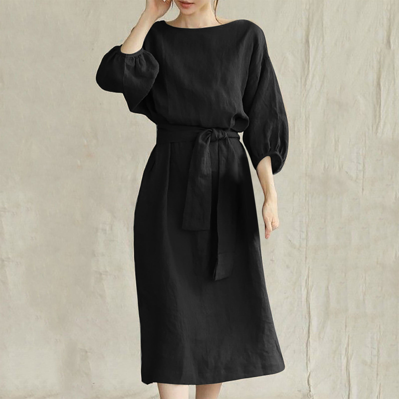 Robes d'Été pour Femmes en Liquidation à Moins de 10 $! Cagogo Robe Midi Décontractée en Coton et Lin pour Femme Grande Taille, Ceinture à Nouer, Col Ras du Cou, Manches Mi-Longues, Robe d'Été Ample en Lin, Vacances, Plage, Robe Soleil avec Poches