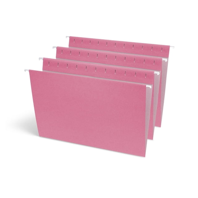 Continental Letter Size Hanging Folders in pink colour, 6 pack, with reinforced steel rods and coated tips for durability and smooth sliding, made from 11 pt. 100% recycled paper containing 60% post-consumer material, designed for colour-coded document filing and often used for organizing craft papers.