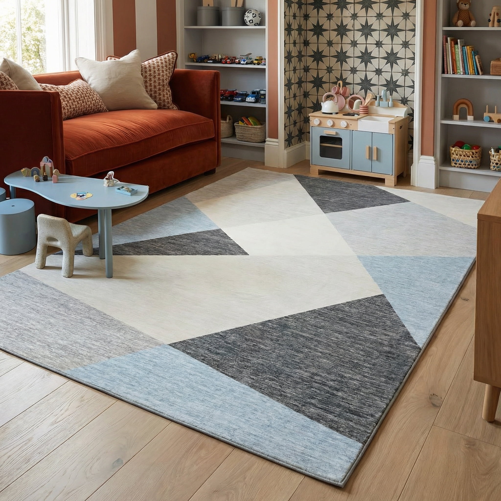 Tapis d'interieur moderne du milieu du siecle Rug Branch Eclipse, bleu gris, abstrait - Salon, chambre, salle a manger et bureau