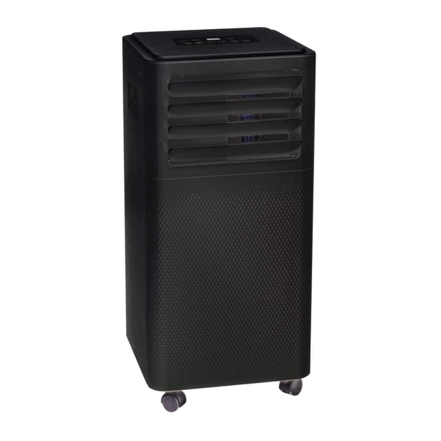 Danby 7,500 BTU (5,000 SACC) Portable AC with a modern black design, featuring electronic controls, LED display, and integrated handles. This 3-in-1 unit serves as an air conditioner, fan, and dehumidifier, ideal for cooling spaces up to 150 square feet. Includes a single-hose exhaust system, reusable air filter, and easy-to-move castors. Often used for small apartments or home offices due to its compact size and mobility.