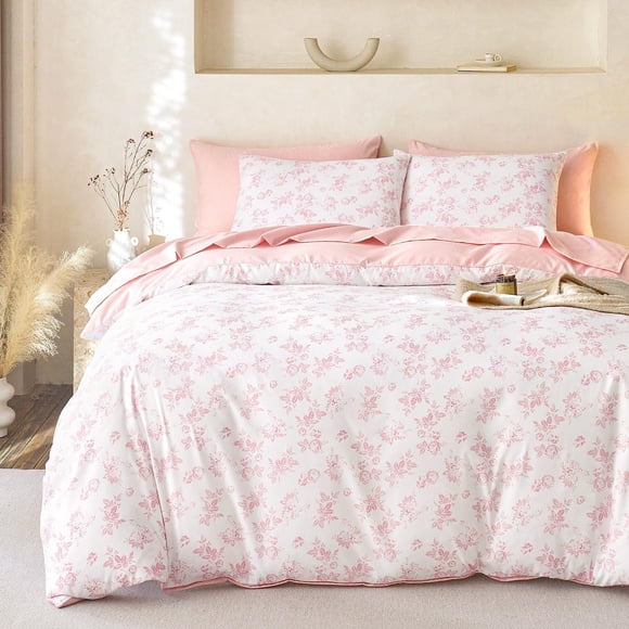 Wake In Cloud - Cottagecore Comforter Set, Floral Vintage Flower Shabby Chic Coquette Aesthetic for Women Teen Girls, Soft Lightweight Dorm Bedding, 3 Pieces, Pink, Quee