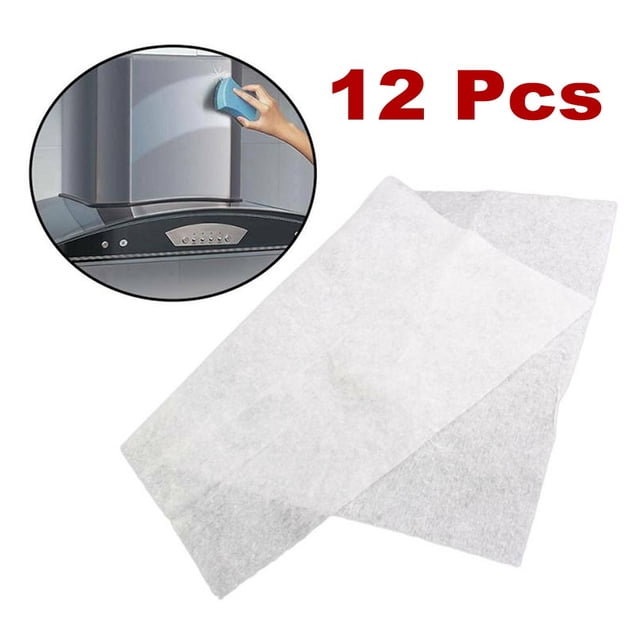 MYG Range Hood Oil-Absorbing Filter Paper 12 Pack, non-woven disposable grease filters in white, sized 43x45cm. Ideal for kitchen cooker hoods, these anti-oil stickers ensure efficient oil absorption, easy replacement, and maintain suction and exhaust functions. Includes 12 sheets suitable for various range hood models.