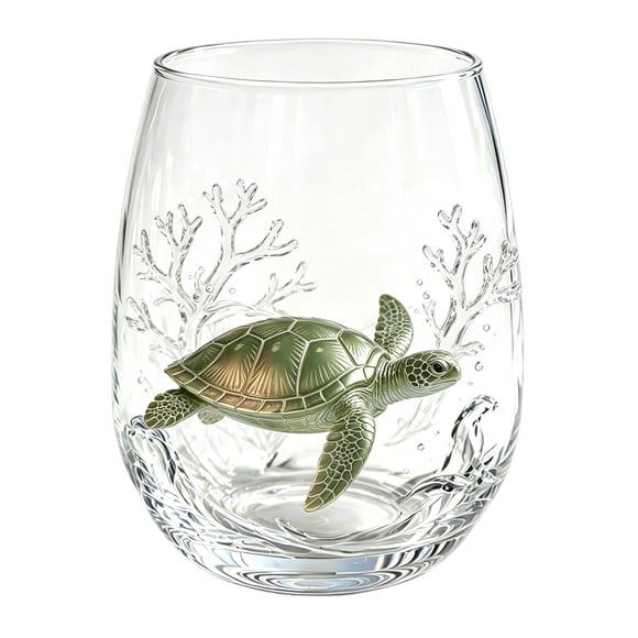 SLYNSHome Sea Animal 2D Stemless Wine Glass With Turtle Print, Clear Nautical Drinking Glass Cup For Wine Beverage, Coastal Home Bar Decor