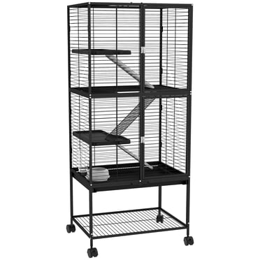 PawHut 4-Tier Ferret Cage Rolling Small Animal Cage w/ Storage Shelf