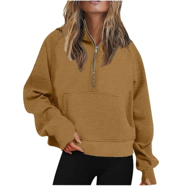 Jsaierl Hoodies for Women Half Zip Fleece Pullover Fall Casual Short Sweatshirt with Pockets Solid Color Warm Tops Sport Workout Hooded Sweatshirt