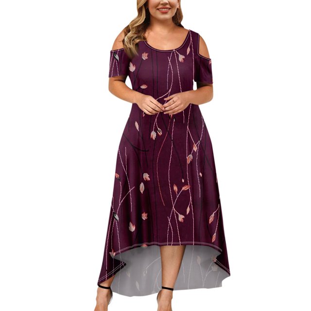 JULMCOMO Robes Grande Taille pour Femmes 5x Robe d'Été à Épaules Dénudées pour Invitée de Mariage Tendance à Imprimé Floral à Manches Courtes Col Ras du Cou Longue Robe Violet 5TG