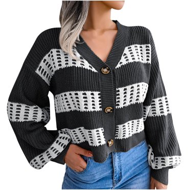 Mrat Cardigan Womens Cardigan V-Neck Ladies Fashion Autumn Winter Stripes Lantern Sleeve Long Sleeve Cardigan Sweater Coat Tops Long Female Outwear