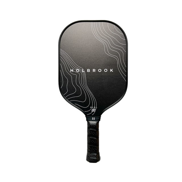 Holbrook Pickleball Paddles - Day N' Night Design with a front-facing black paddle featuring white contour line patterns on a carbon fiber graphite blend surface, polypropylene honeycomb core, and black textured grip, suitable for players seeking power and control in pickleball.