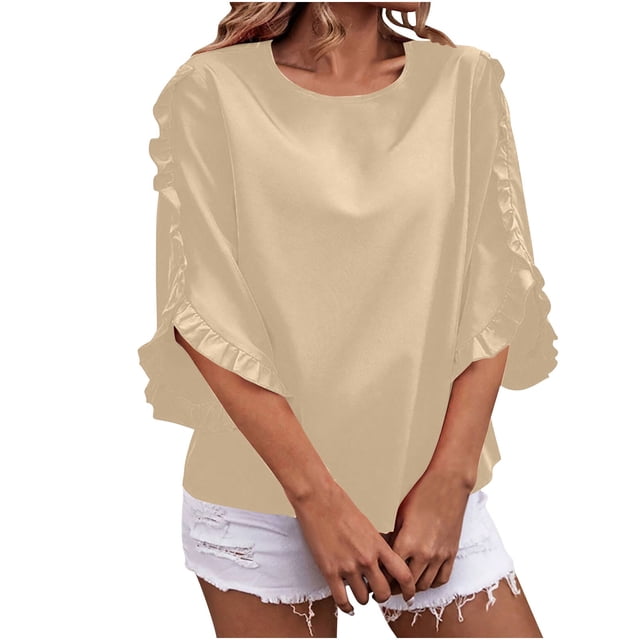 Timegard Womens Tops Ruffle Half Sleeve Crewneck Loose Comfy Tops Blouse Casual Summer Spring Solid Color
