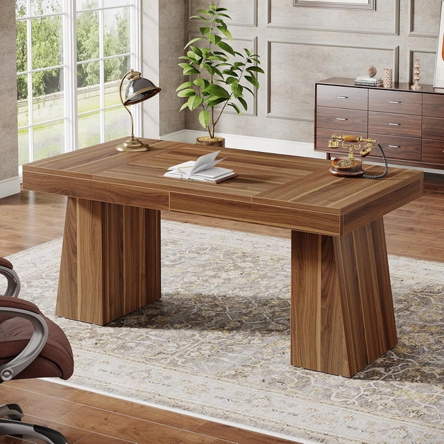 55 Inches Home Office Desk, Mid-Century Modern Executive Desk, Wooden Computer Desk