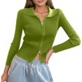 thumbnail image 1 of Women's Double Zip Ribbed Knit Cardigan - Tight-Fitting Crop Top with Collar - Modern Design - Soft Textured Fabric - One Size Fits Most, 1 of 3