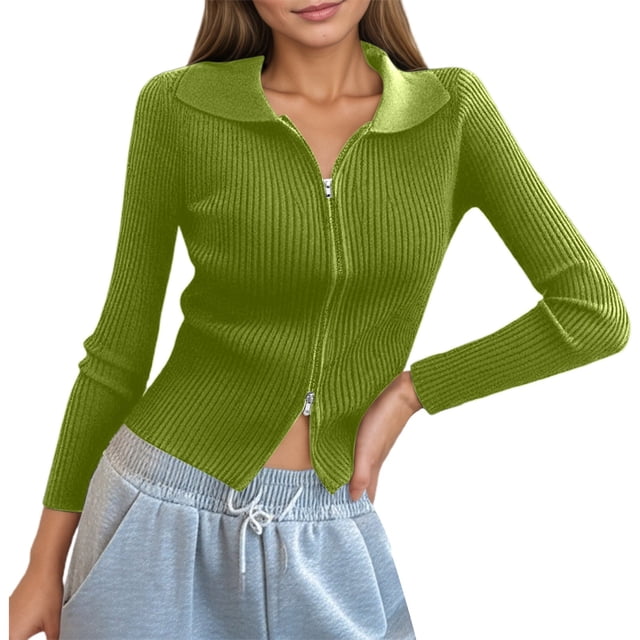 Women's Double Zip Ribbed Knit Cardigan - Tight-Fitting Crop Top with Collar - Modern Design - Soft Textured Fabric - One Size Fits Most