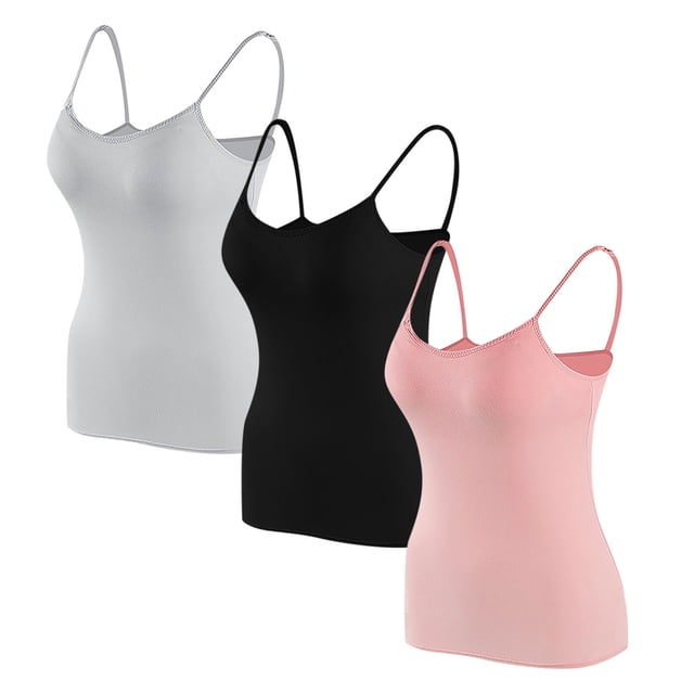 Timegard Camisoles pour Femmes 3 Pcs avec Soutien-Gorge Intégré Col Rond Bretelles Spaghetti Ajustées Douces Maillots de Corps Décontractés Hauts de Pyjama