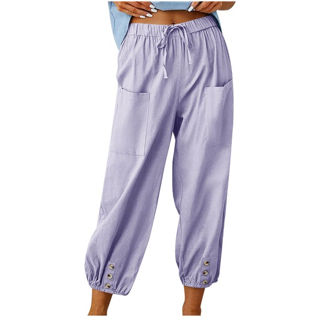 Timegard Womens Cotton Linen Pants Elastic Waisted Drawstring Cinch Bottom Button Casual Loose Pants