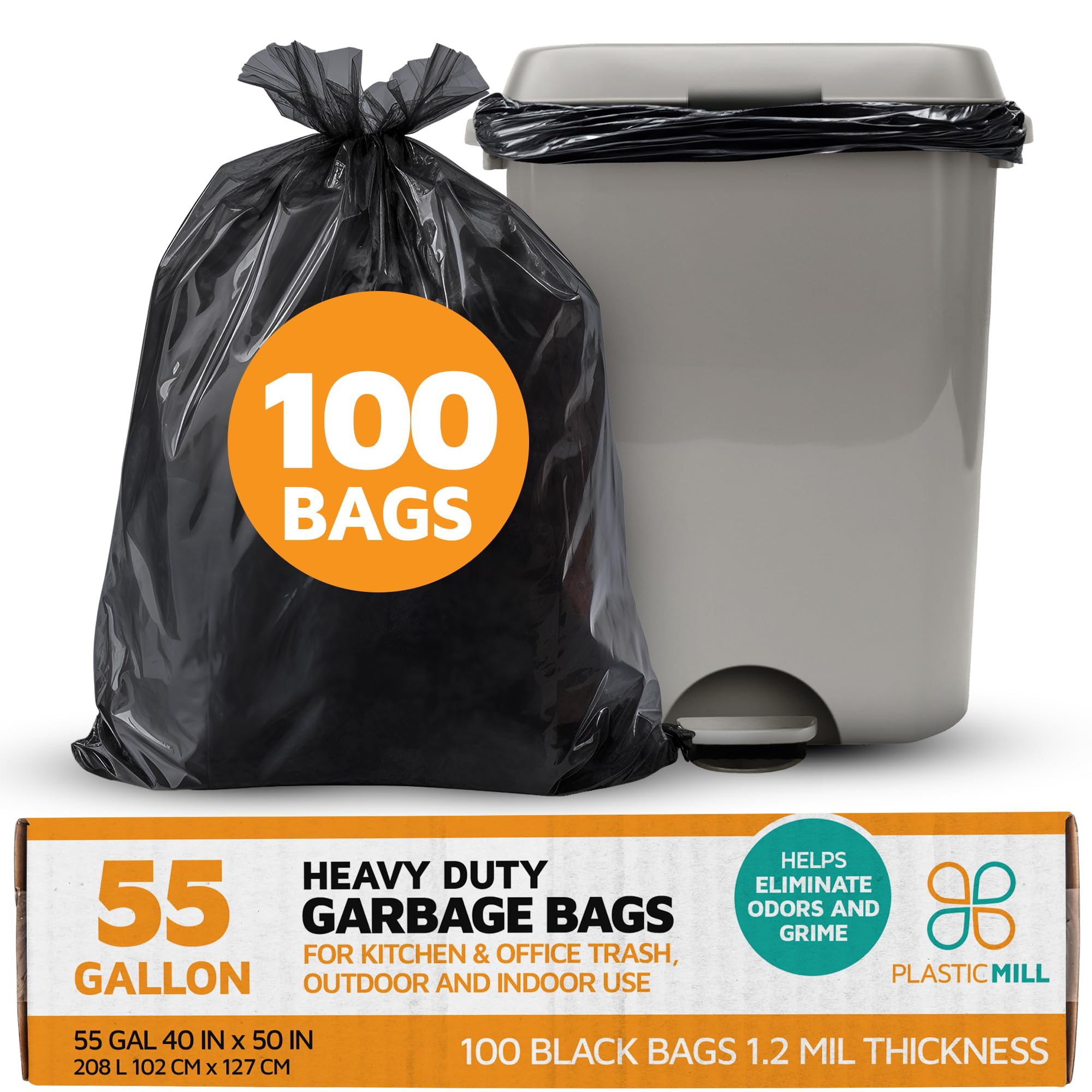 PlasticMill Heavy Duty Trash Bags - Black Garbage Bags - Plastic Trash Bags - Tall Trash Bags, Trash Can Liners - 55-Gallon Large Kitchen Trash Bag, 1.2 Mil, 40"x50" (100-Count)