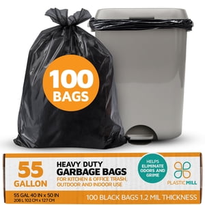 PlasticMill Heavy Duty Trash Bags - Black Garbage Bags - Plastic Trash Bags - Tall Trash Bags, Trash Can Liners - 55-Gallon Large Kitchen Trash Bag, 1.2 Mil, 40"x50" (100-Count)