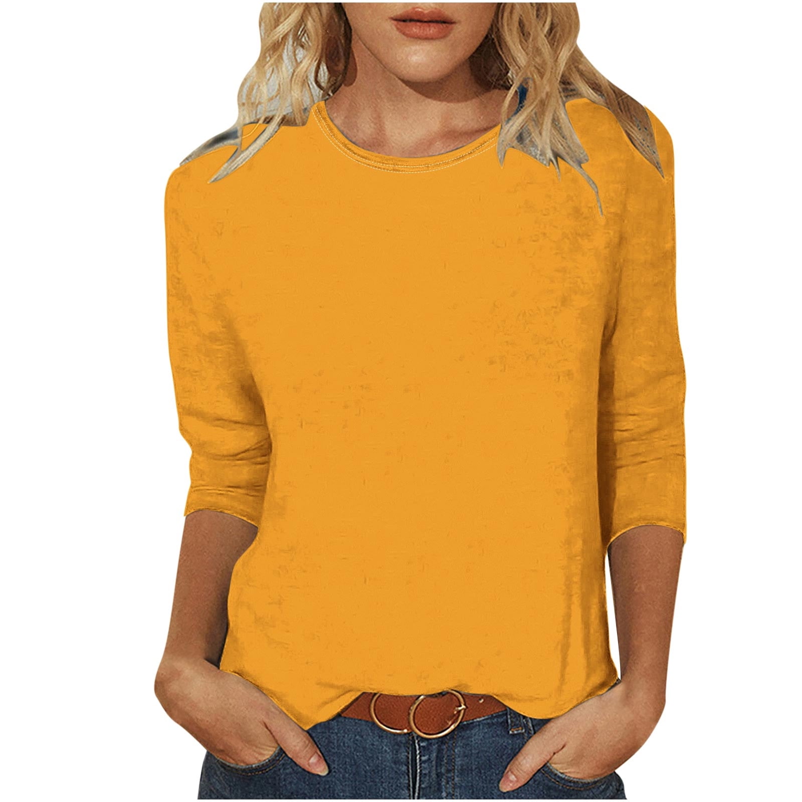 Timegard Womens Summer Tops Crewneck 3/4 Sleeve Solid Color Comfy Basic Tee Shirts Casual Loose Tops