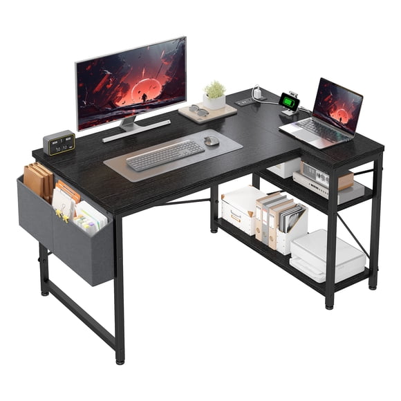 Exenoray Bureau d'Ordinateur en L avec Prise de Courant, Bureau d'Angle Réversible de 40 Pouces, Poste de Travail pour Bureau à Domicile avec Tablette de Rangement et Organisateur en Tissu, Bureau de Jeu Gain de Place, Noir