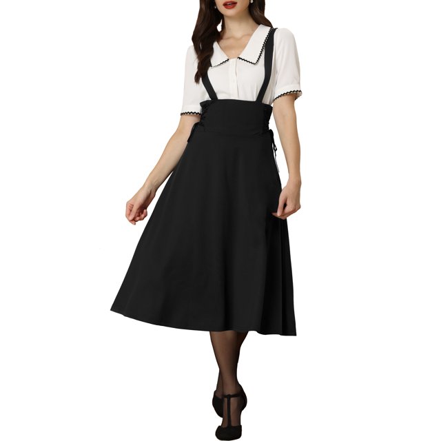 INSPIRE CHIC Jupe à Bretelles Taille Haute pour Femme, Lacée, Évasée, Midi, Noire, P