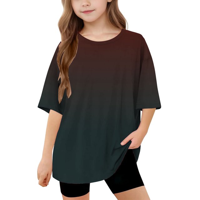 DecSea Girls Short Sleeve T shirt Kids Summer Oversized Gradient Crew Neck Tops Casual Basic Tee 5-14Years