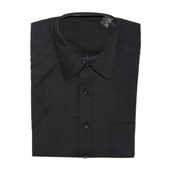 Gravity Threads Mens Dress Shirt Short Sleeve in size M and black color. This button-up shirt features a short sleeve design, crafted from a blend of 60% cotton and 40% polyester for comfort and durability. The shirt has a classic collar and a sleek, solid black finish, suitable for formal or semi-formal occasions.