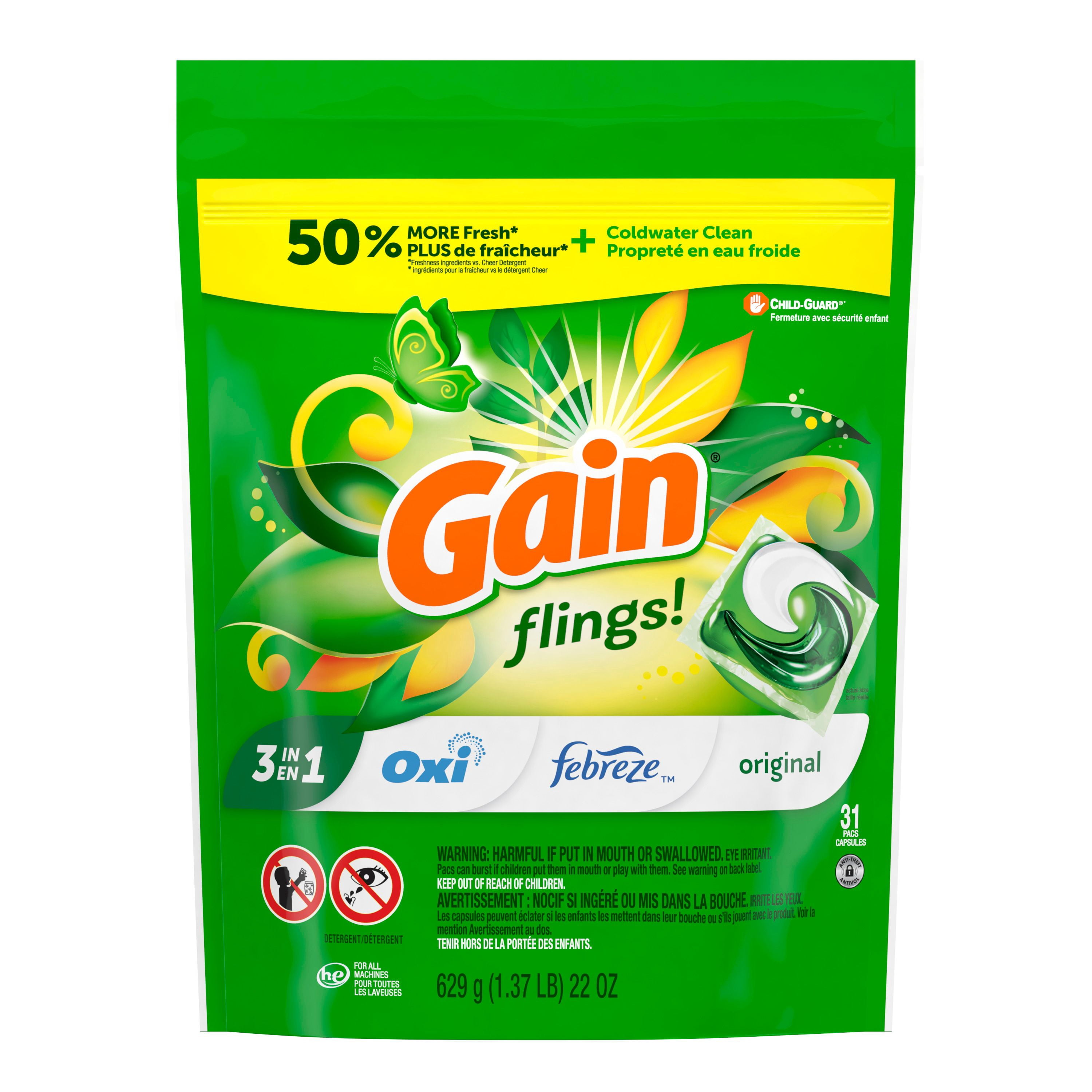 Gain Flings Laundry Detergent Pacs, Original Scent, with Odour Defense, concentrated laundry soap pacs, 31 Count