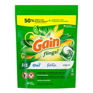 Gain Flings Sacs de nettoyage, Parfum d'origine, avec Odour Defense, bacs de lavage concentré, 31 Nombre