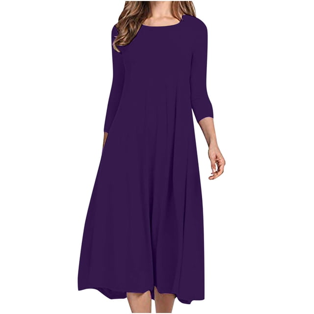 Pisexur Robe d'Automne pour Femme, Robe Maxi à Manches 3/4, Décontractée, à Cordon, Manches Mi-Longues, Taille Haute, Col Rond, Ample, Longue, avec Ceinture