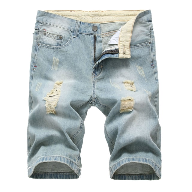Cameland Men's Ripped Denim Trunks Stretchy Washed Jeans Trunks Cut-off Classic Fit Biker Jeans Trunks