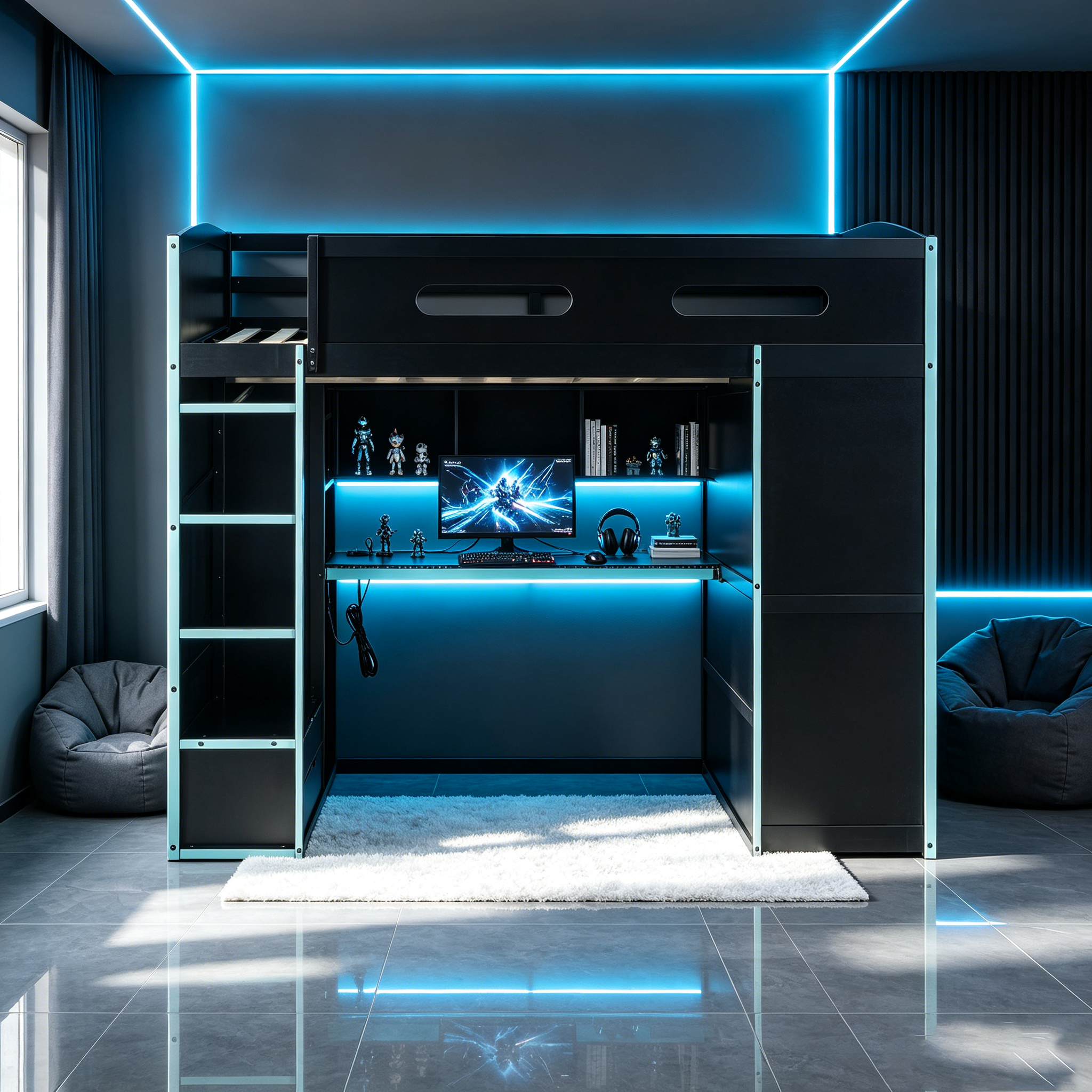 Homy Casa lit mezzanine double en bois avec bureau, armoire, tiroirs et RGB, bleu nuage