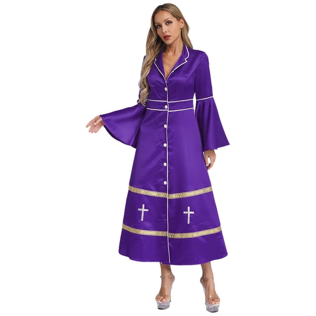 TiaoBug Clergy Robe for Women Long Sleeve Buttons Cassock Pulpit Church Minister Pulpit Robe Liturgical Vestments Purple 3XL