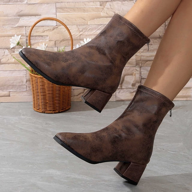 LSLJS Bottes à Cheville Hautes pour Femmes à Talon Épais et Bout Rond, Bottes Mi-Mollet pour Femmes, Cadeau pour Femmes
