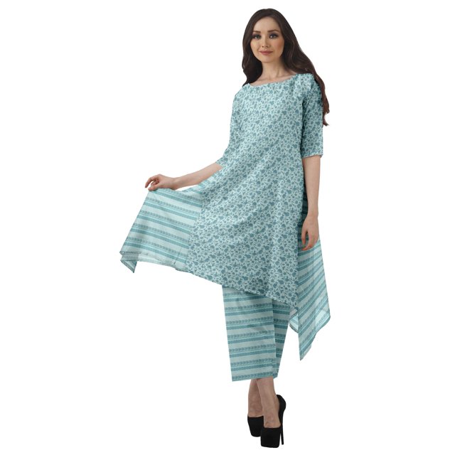 Moomaya Ensemble Kurti Kurta Pantalon pour Femmes Col Bateau Imprimé Robe 2 Pcs Tenue Ethnique