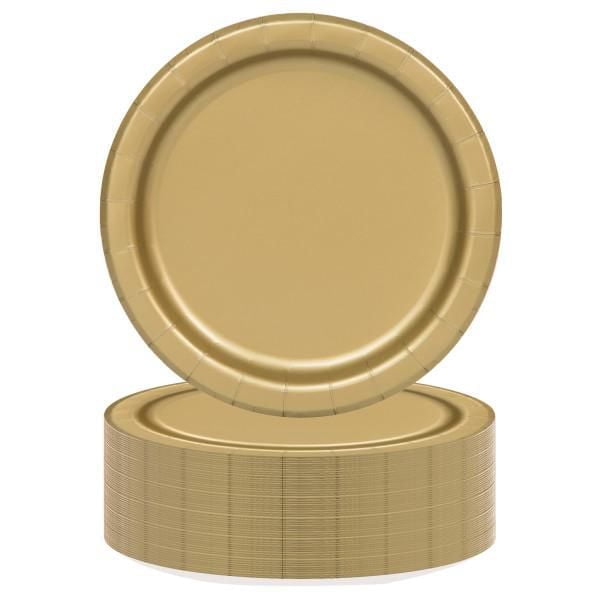 Gold Round 7" Dessert Plates, 70ct, disposable paper plates with a smooth gold finish and raised edges, stacked with one plate upright showing the round shape, ideal for parties, picnics, and events to enhance food presentation and simplify cleanup.