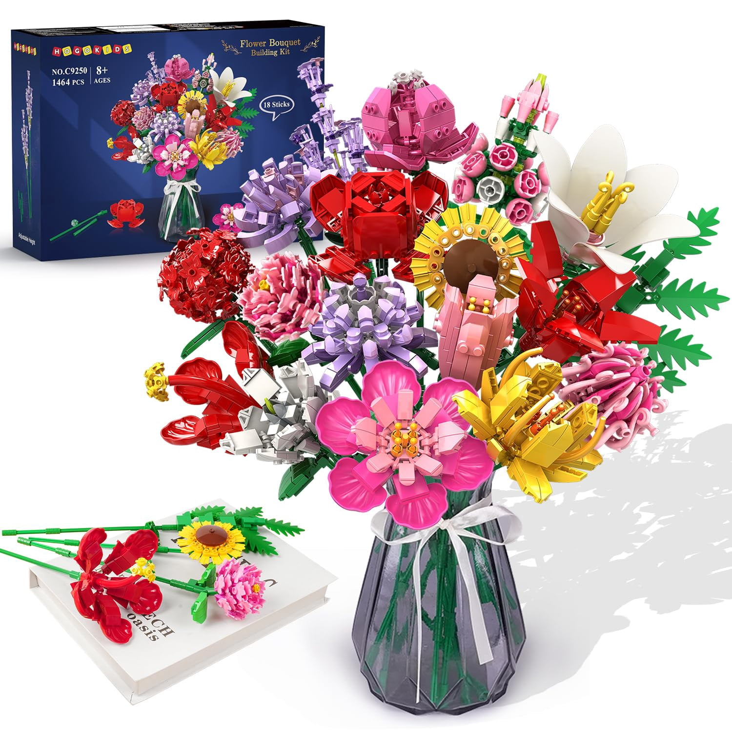 HOGOKIDS Flowers Bouquet Building Set - 1413PCS Bouquet Botanical Collection Building Blocks Toy, 18 Flowers Home Plant Decor, Christmas Birthday Gift for Adults Kids Girls Ages 8+